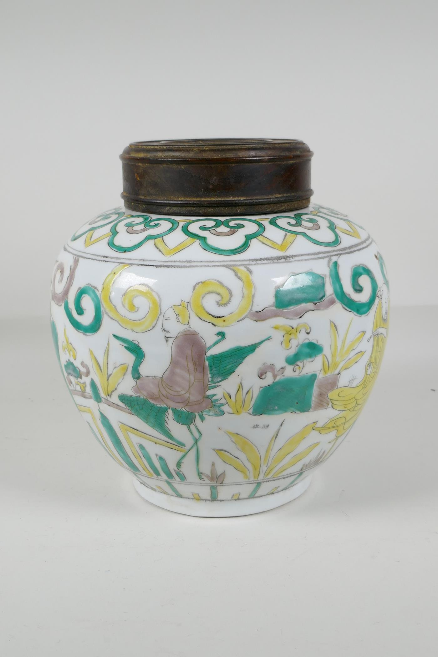 A Chinese Sancai glazed porcelain ginger jar with a turned wood cover, decorated with figures riding - Image 4 of 8