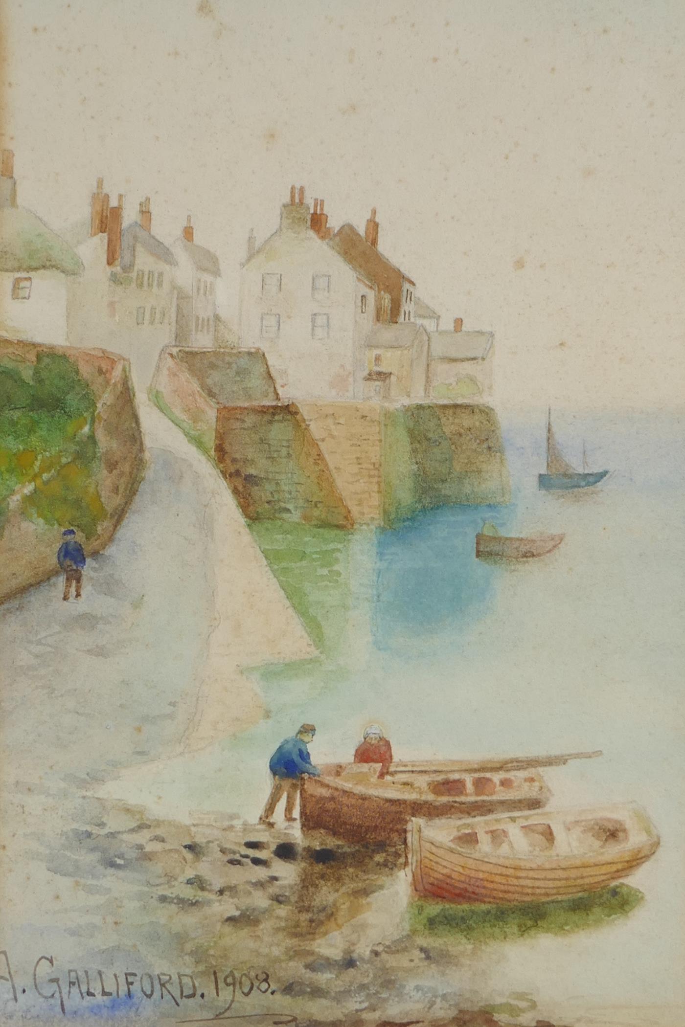 Four C19th/early C20th watercolours, to include a Cornish harbour scene by A. Galliford and 'Peace - Image 3 of 5