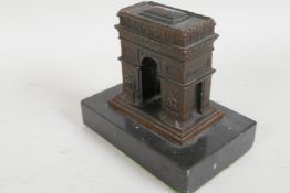 A Grand Tour bronze model of the Arc de Triomphe, on a marble plinth, 3" high