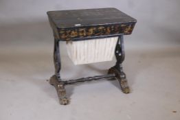 A C19th Chinese export lacquer workbox, with all over gilt chinoiserie decoration, the top with