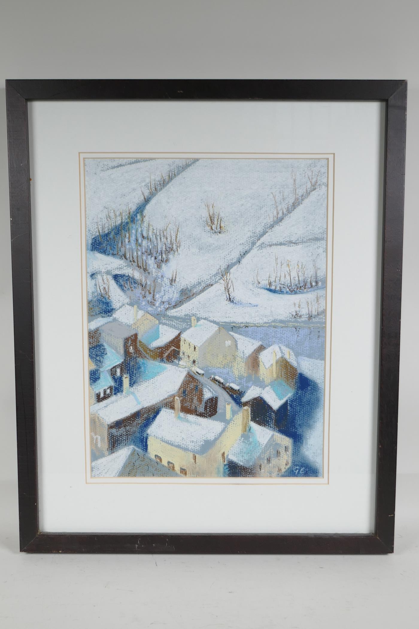 Gordon Elsey, Pyrenean village of Valcebollere, view over a snowy village, pastel, 10" x 14" - Image 2 of 5