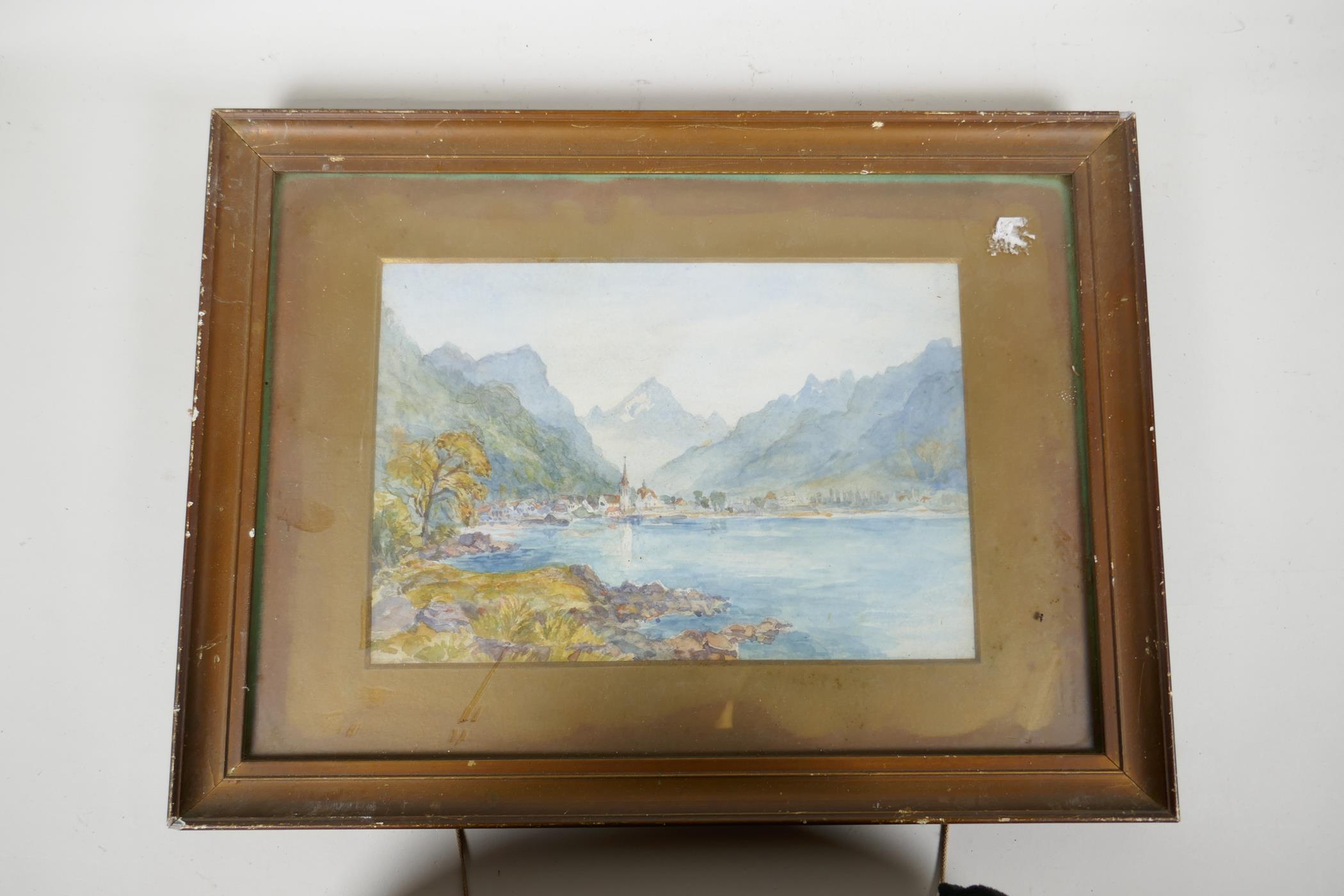 A C19th watercolour of an Italian Swiss lake scene, with distant town & mountains, 10" x 7" - Image 2 of 2