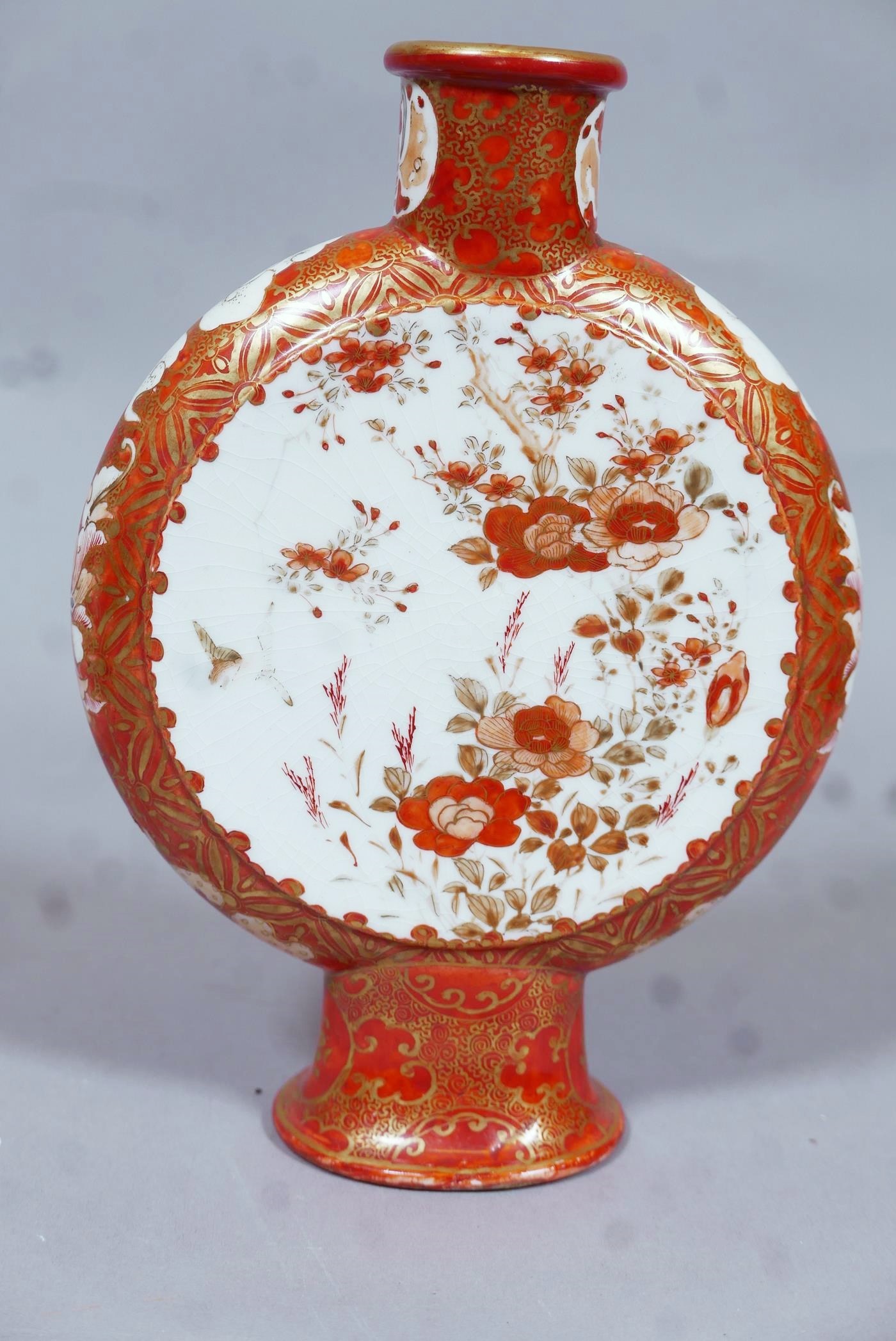 A Meiji Kutani moonflask, one side painted with figures in a garden, the other with cherry - Image 2 of 5