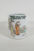 A Chinese Republic style porcelain cylinder brush pot, with famille vert decoration of Fu, Lu and