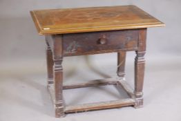 A C19th Continental pine and fruitwood single drawer side table with marquetry inlaid top, 36" x 24"