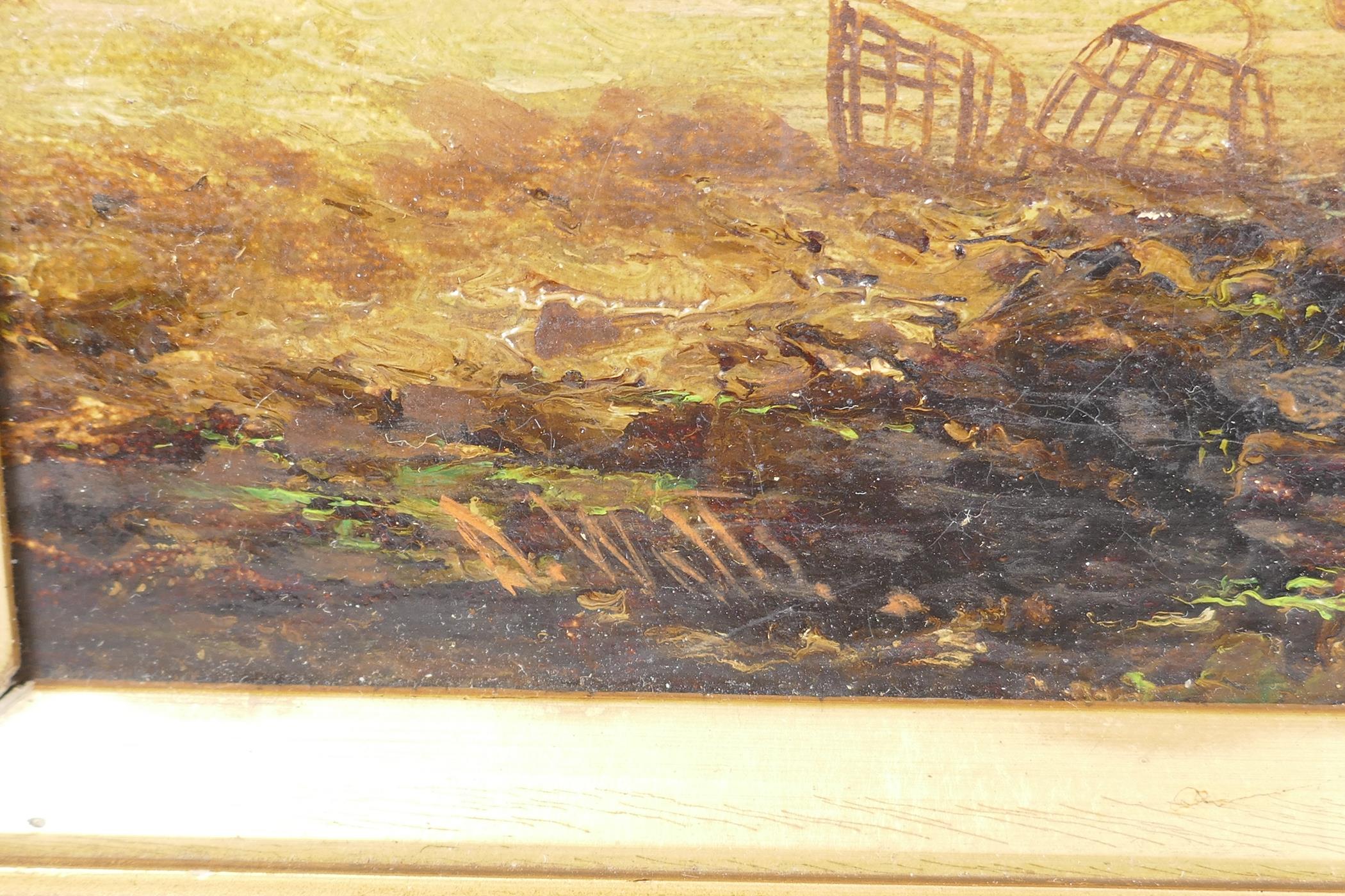 D. Watts, fisherfolk on a beach, "Bamborough Castle", signed C19th oil on canvas, 12" x 24" - Image 3 of 6