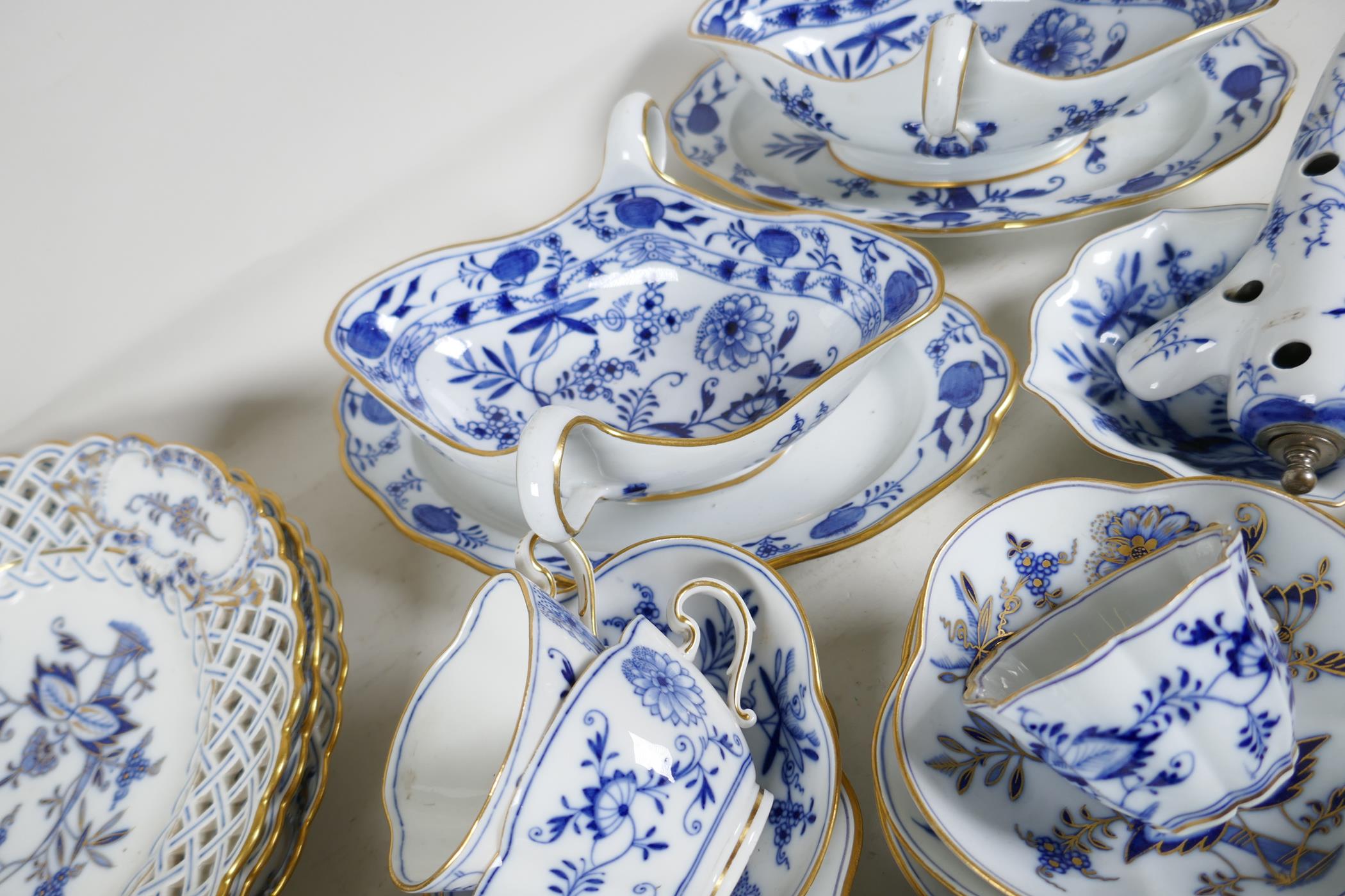 A part service of Meissen Onion pattern tea and dinner ware to include pierced rim plates, gravy - Image 4 of 8