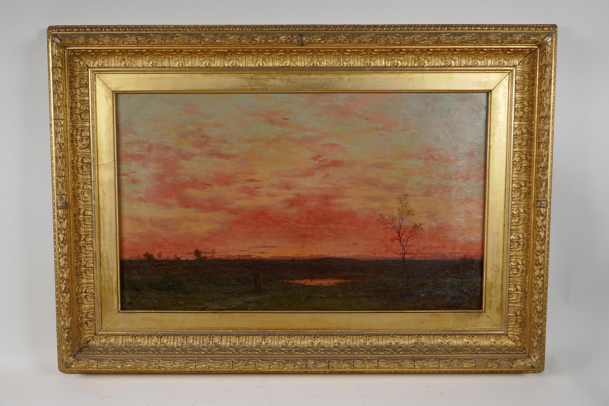 Frederick W. Meyer, monogrammed oil on canvas, 'Figure in a Landscape at Sunset', 12" x 19½" - Image 2 of 4