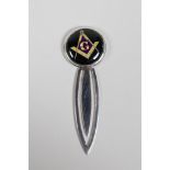 A 925 silver plated bookmark, decorated with an enamel plaque depicting masonic insignia, 2"