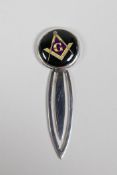 A 925 silver plated bookmark, decorated with an enamel plaque depicting masonic insignia, 2"