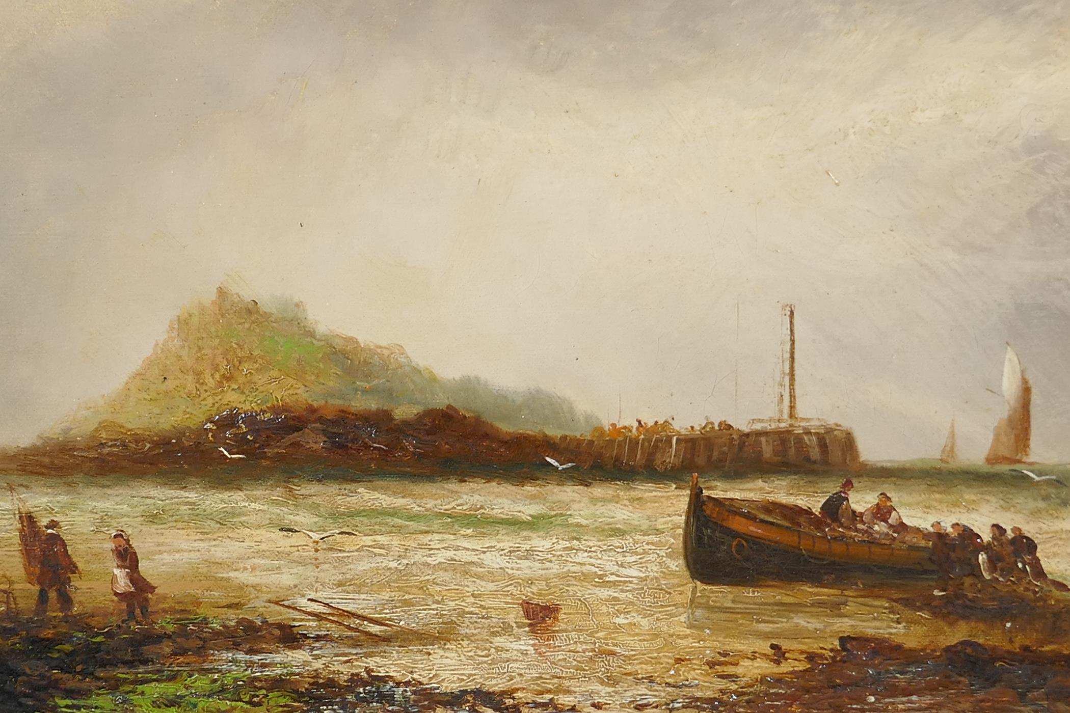 D. Watts, fisherfolk on a beach, "Bamborough Castle", signed C19th oil on canvas, 12" x 24"