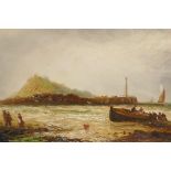 D. Watts, fisherfolk on a beach, "Bamborough Castle", signed C19th oil on canvas, 12" x 24"