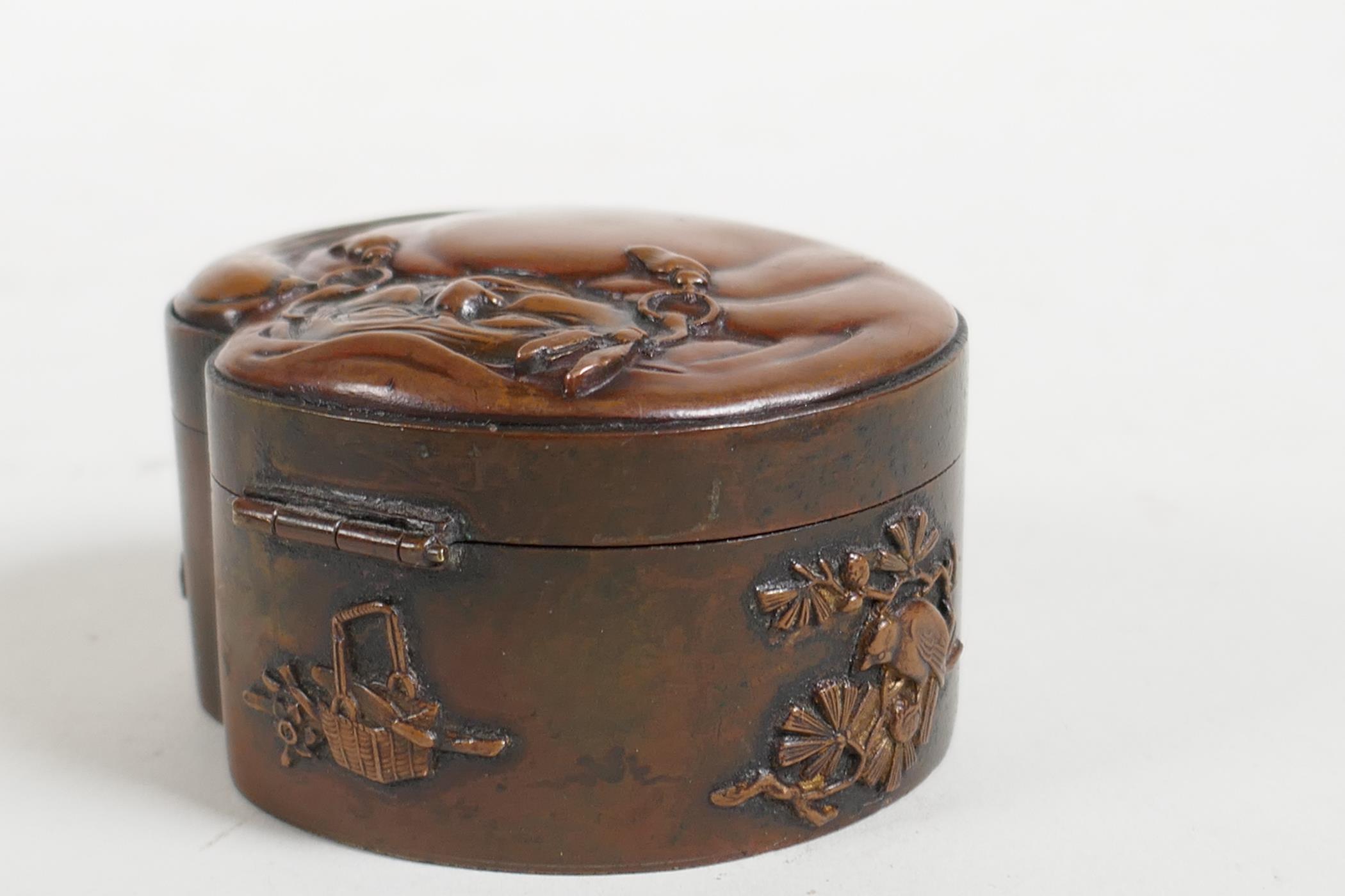 A Japanese Meiji period trinket box, the cover decorated with a wise man and wasp0, 2½" x 2" - Image 4 of 7