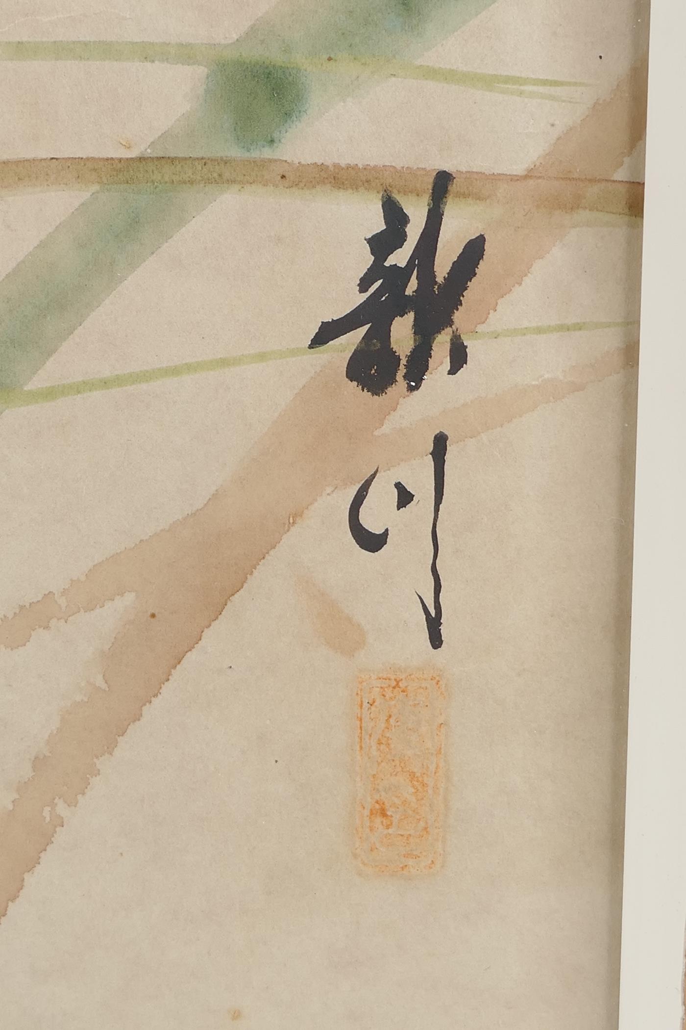 An oriental watercolour study of a bird and foliage, signed and with seal marks (probably Korean), - Image 3 of 3