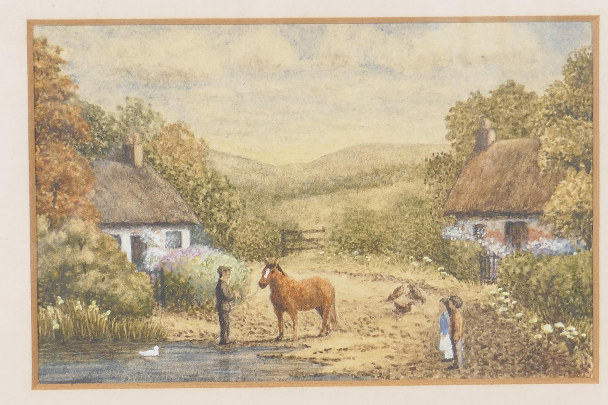 A farmstead with figures and horses, watercolour, 6" x 4" - Image 2 of 3