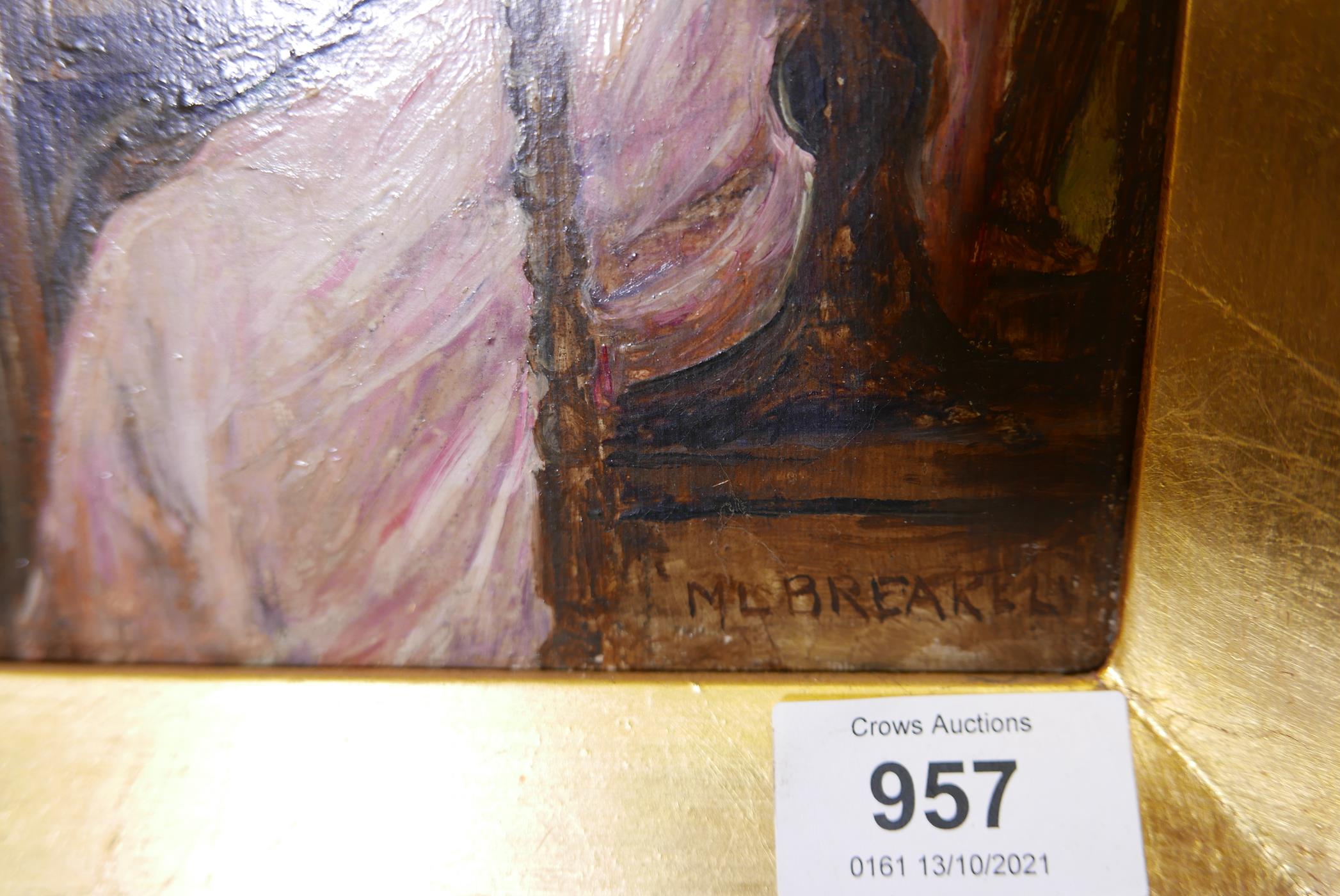 M.L. Breakell, woman at a writing desk, oil on canvas, signed, 6" x 9" - Image 4 of 4