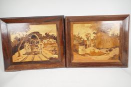 A pair of rosewood framed Indian veneered wood panels, depicting rural life, 17" x 14"