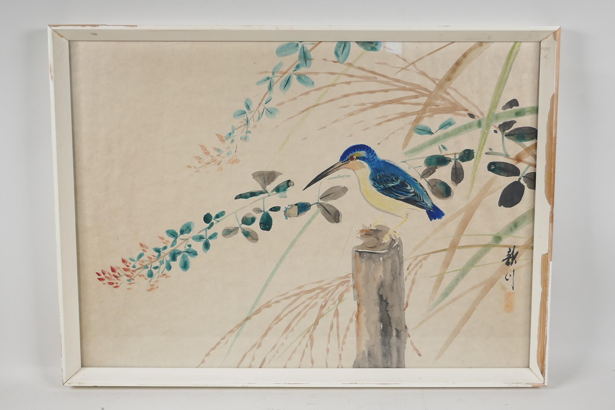 An oriental watercolour study of a bird and foliage, signed and with seal marks (probably Korean), - Image 2 of 3