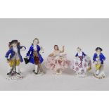 Five small Continental porcelain figurines including Sampson and a Dresden dancer