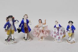 Five small Continental porcelain figurines including Sampson and a Dresden dancer