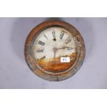 Oak cased wall clock with spring driven movement, 11" diameter, a/f