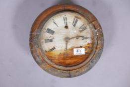 Oak cased wall clock with spring driven movement, 11" diameter, a/f