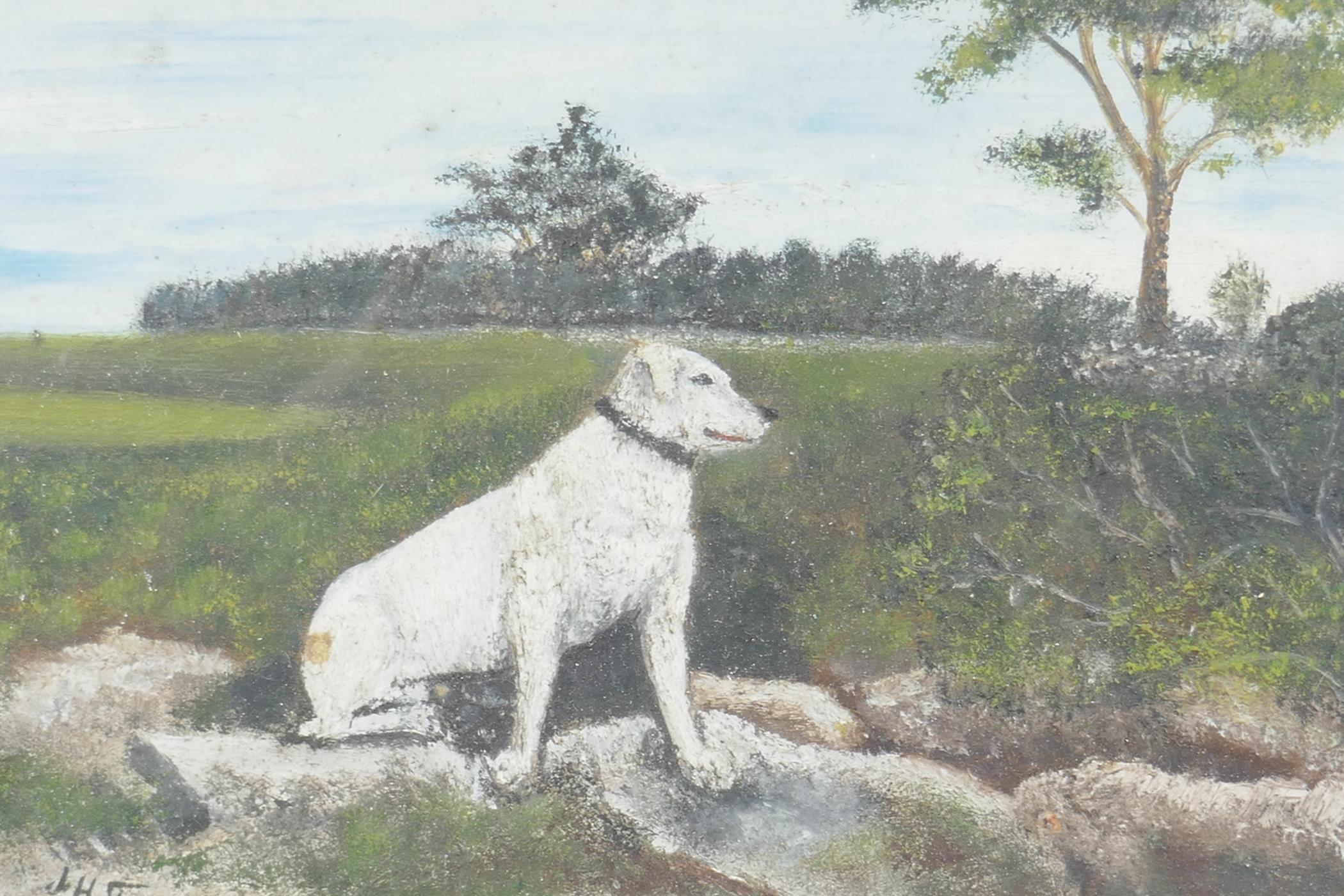 A primitive oil on board study of a dog in a rural landscape,signed J.H Taylor, 10" x 7"