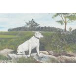 A primitive oil on board study of a dog in a rural landscape,signed J.H Taylor, 10" x 7"