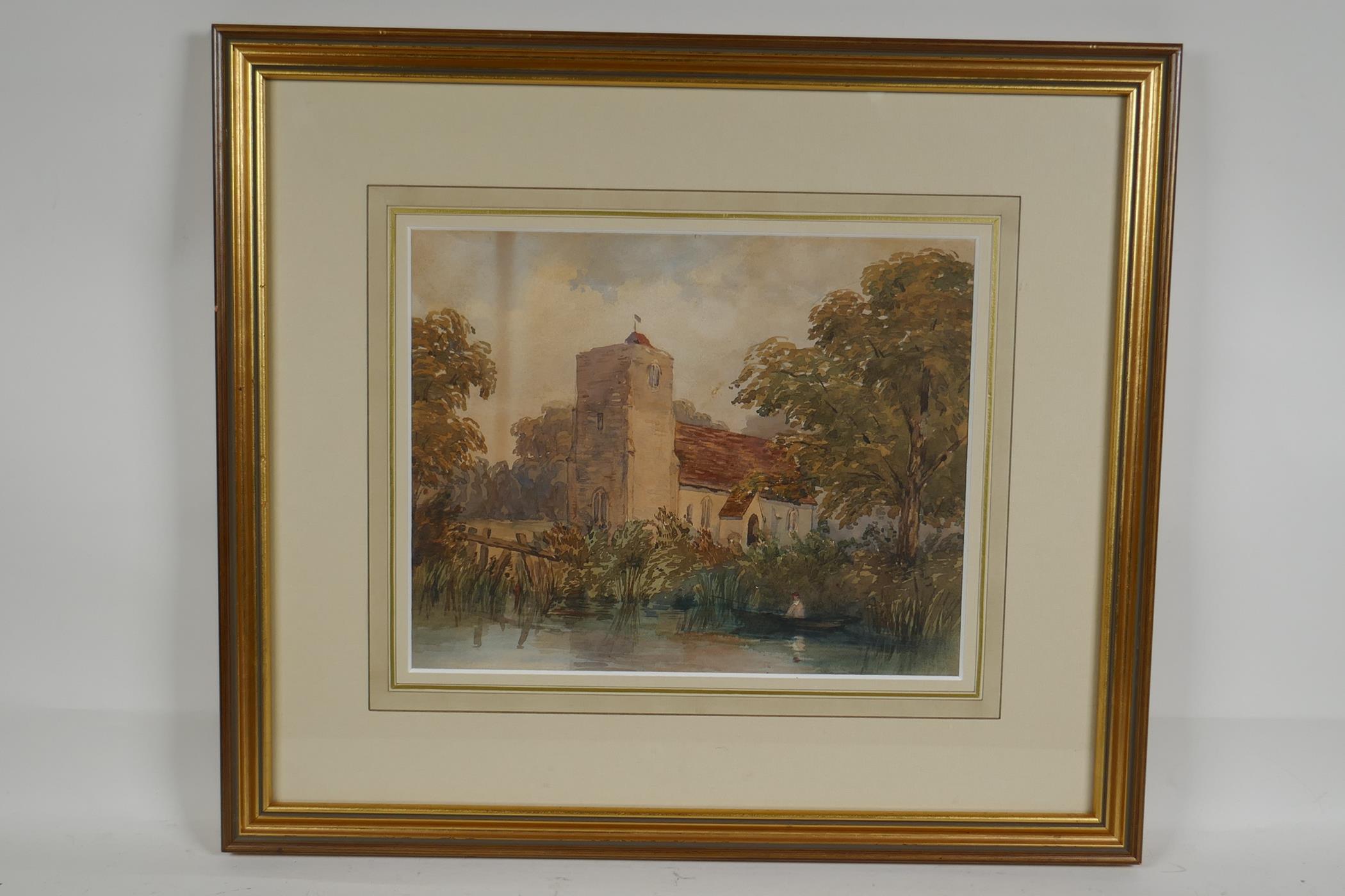 A rural scene with church and pond, C19th watercolour, 10" x 8" - Image 3 of 4