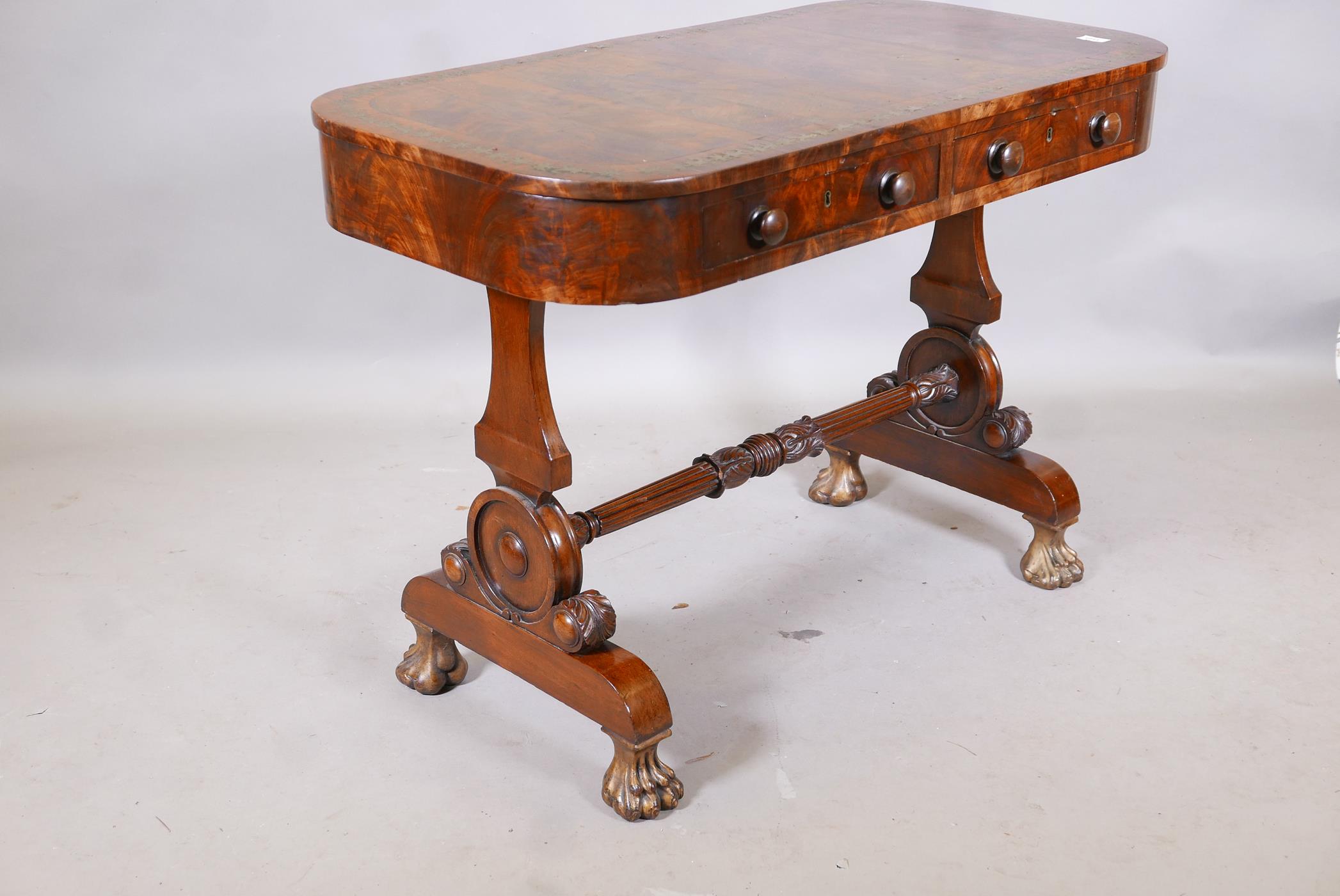 A C19th flame mahogany centre table, with two true and two false drawers, the top with rosewood - Image 4 of 6