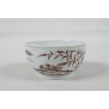 A Ming style red & white porcelain tea bowl, decorated with waterfowl in a pond, Chinese, 6