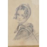E.E. Nicholls, pencil portrait of a young girl with a cycle, signed and dated 1868, 8½" x 10½", in a