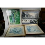 A pair of lithographs, harbour scene and landscape, after A. Minguet, and two further paintings