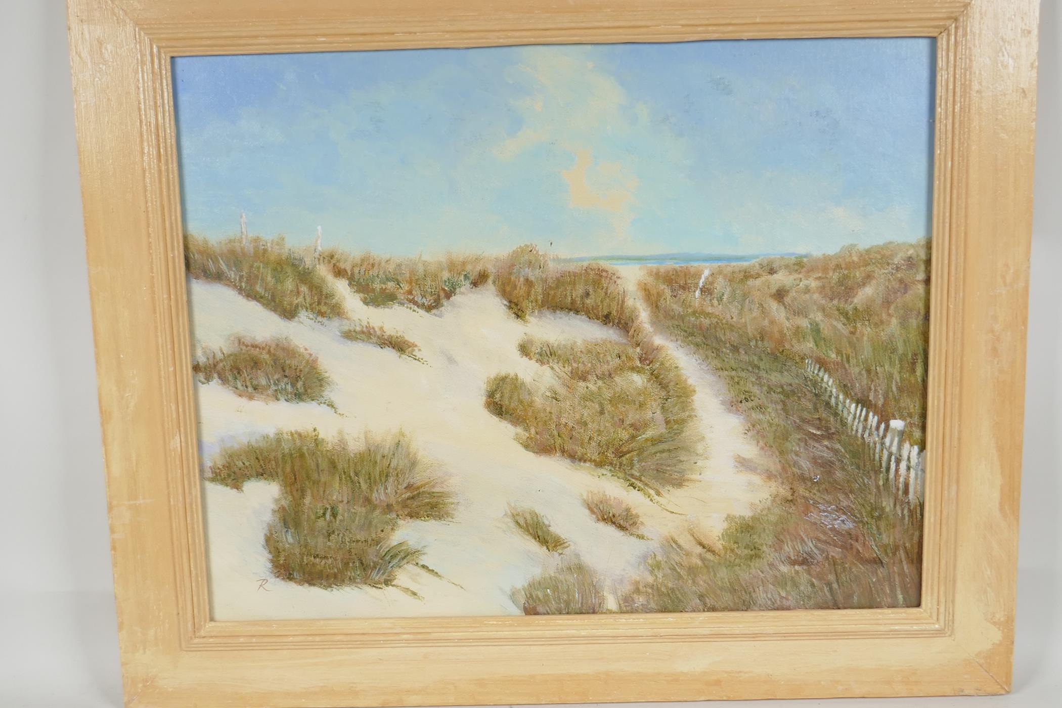 Sand dunes before the beach, initialled 'R', oil on board, 17½" x 14" - Image 2 of 2