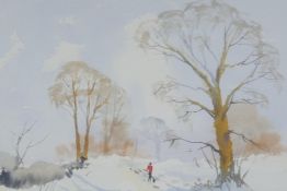 Frank Halliday, figure and dog in a snow covered landscape, signed watercolour, 13" x 11"