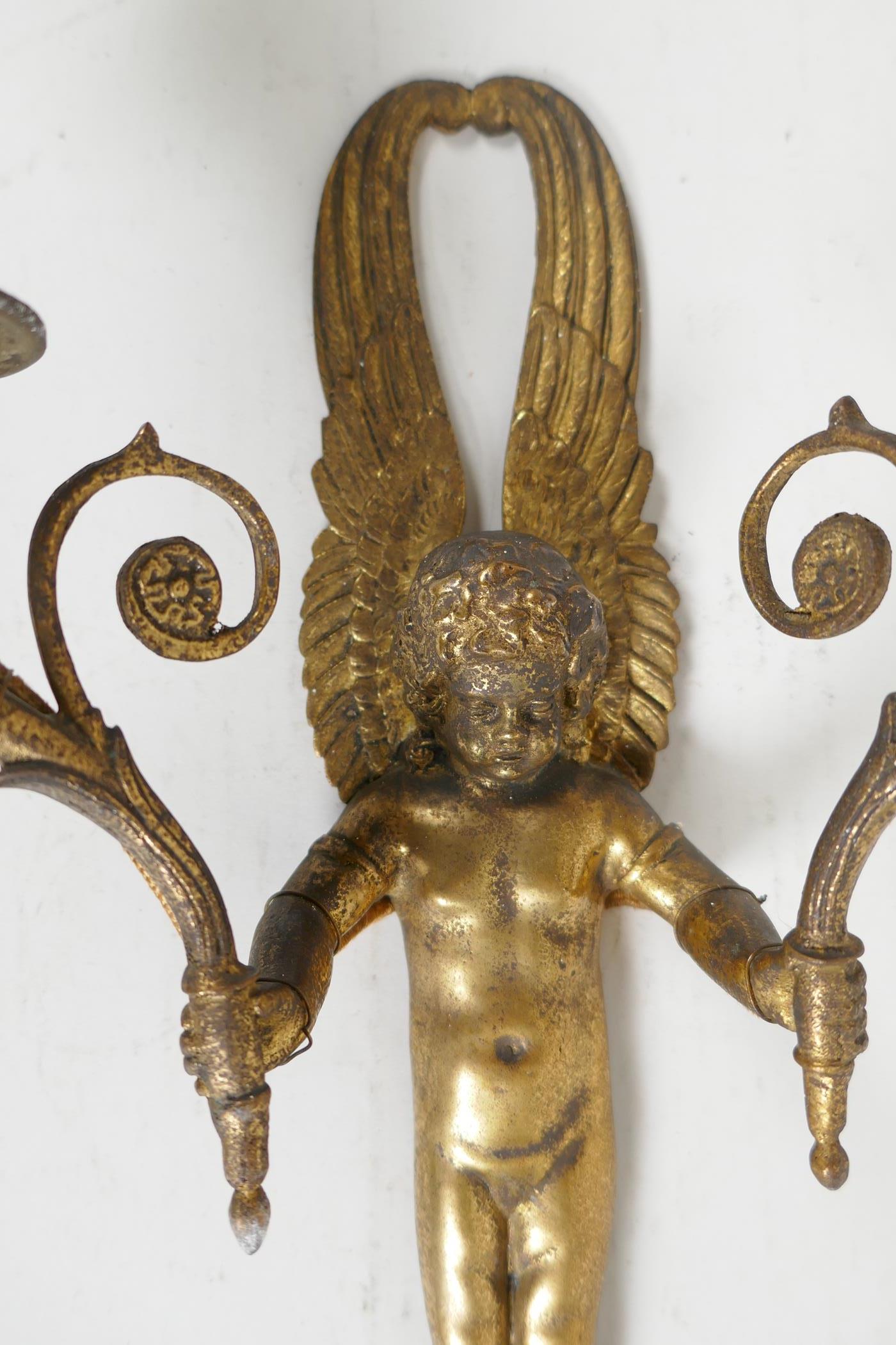 An ormolu two branch wall sconce of angelic form, 15" - Image 2 of 3