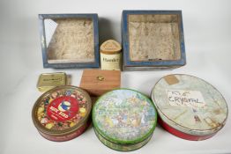 A Huntley and Palmers "Rude" biscuit tin and a quantity of other early tins