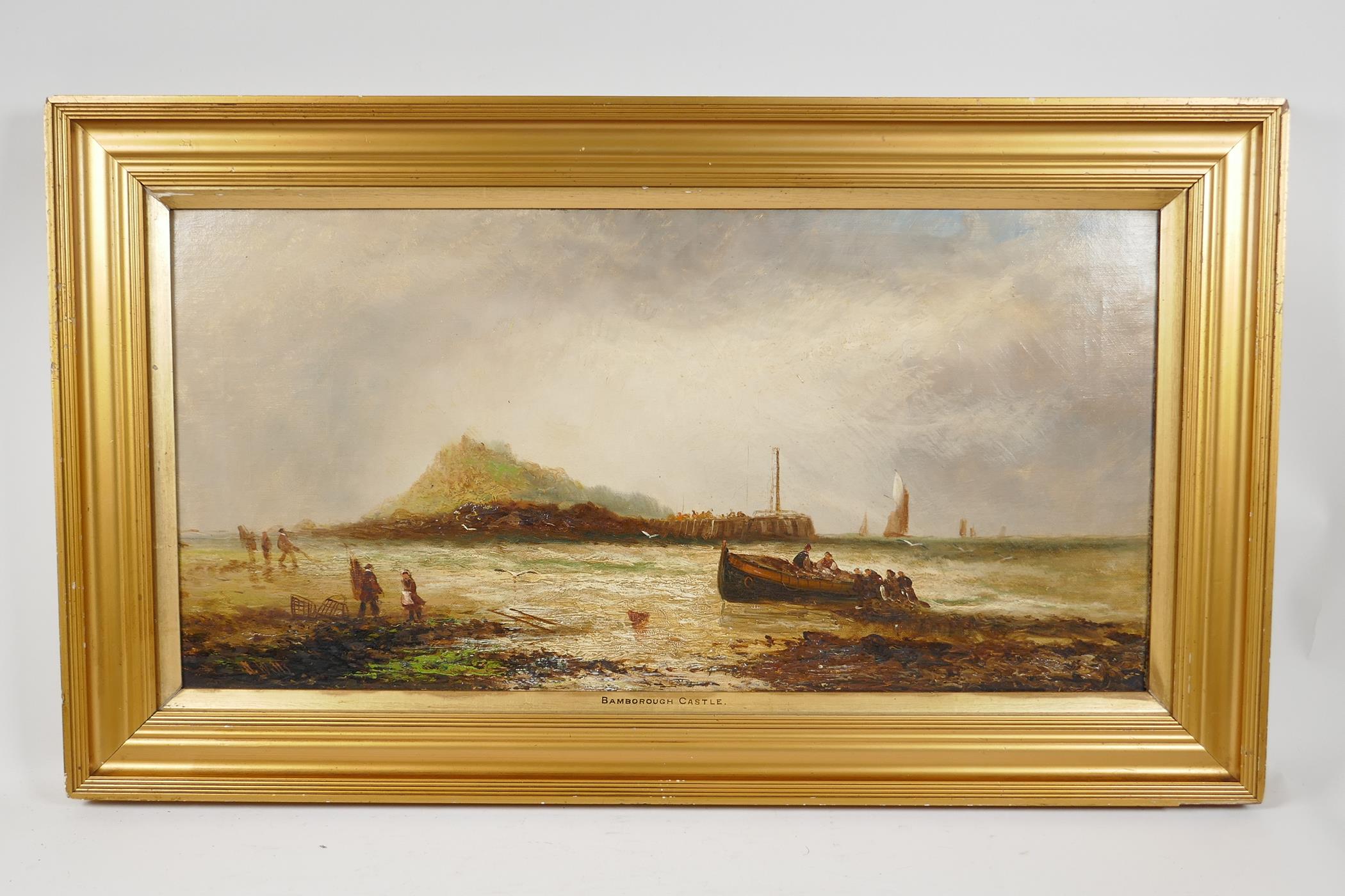 D. Watts, fisherfolk on a beach, "Bamborough Castle", signed C19th oil on canvas, 12" x 24" - Image 2 of 6