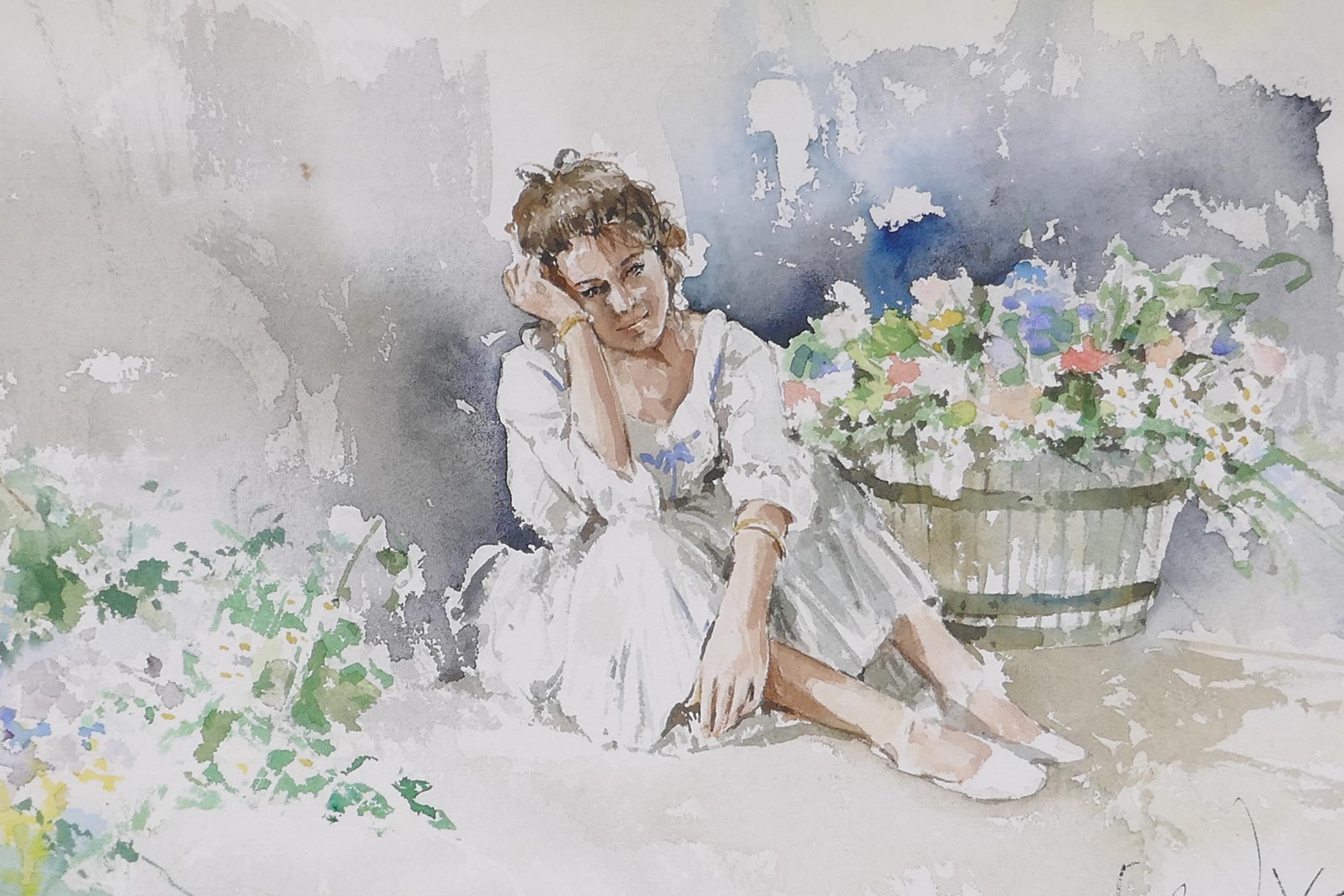 Gordon King, portrait of a young lady by a tub of flowers, signed, watercolour, 10" x 14"