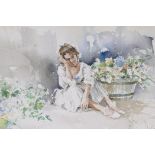 Gordon King, portrait of a young lady by a tub of flowers, signed, watercolour, 10" x 14"