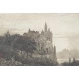 Axel Haig etching of a fantasy castle by a lake, "Castle Nowhere", 8½" x 7"