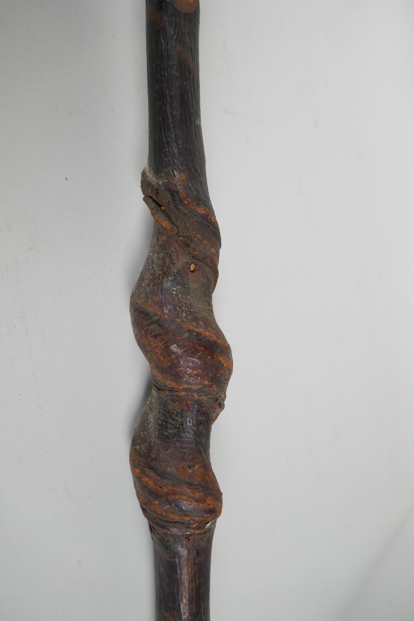 An African wood walking stick, with carved wood head with hedgerow shaft and later handle, 43" long - Image 3 of 4