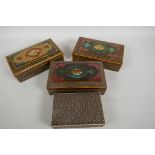 Four middle eastern micro mosaic cigarette boxes with painted covers, longest 6" x 3" x 2"