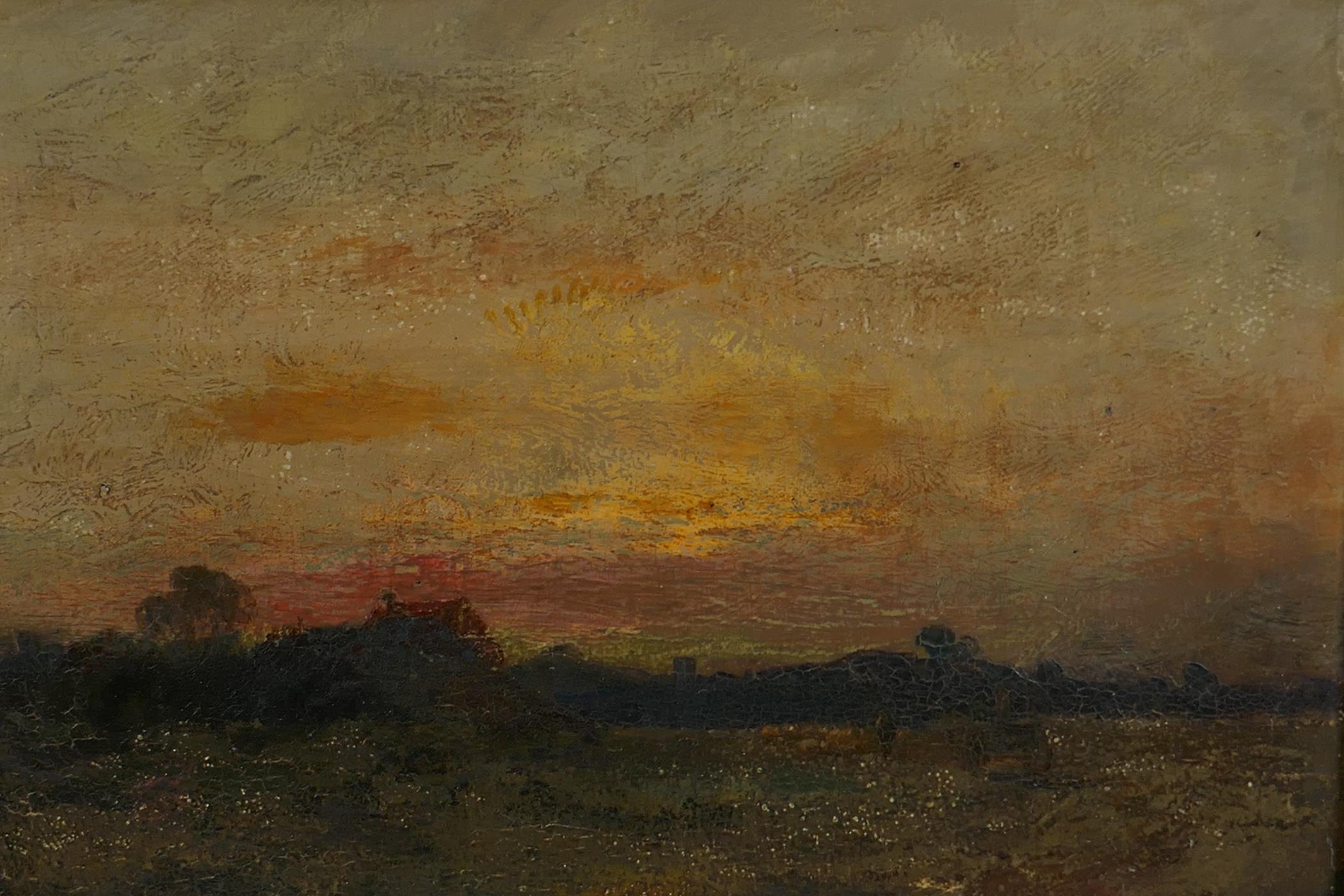 Leopold Rivers, (attributed on frame), rural landscape at dusk, C19th oil on panel, 12" x 8" - Image 2 of 6