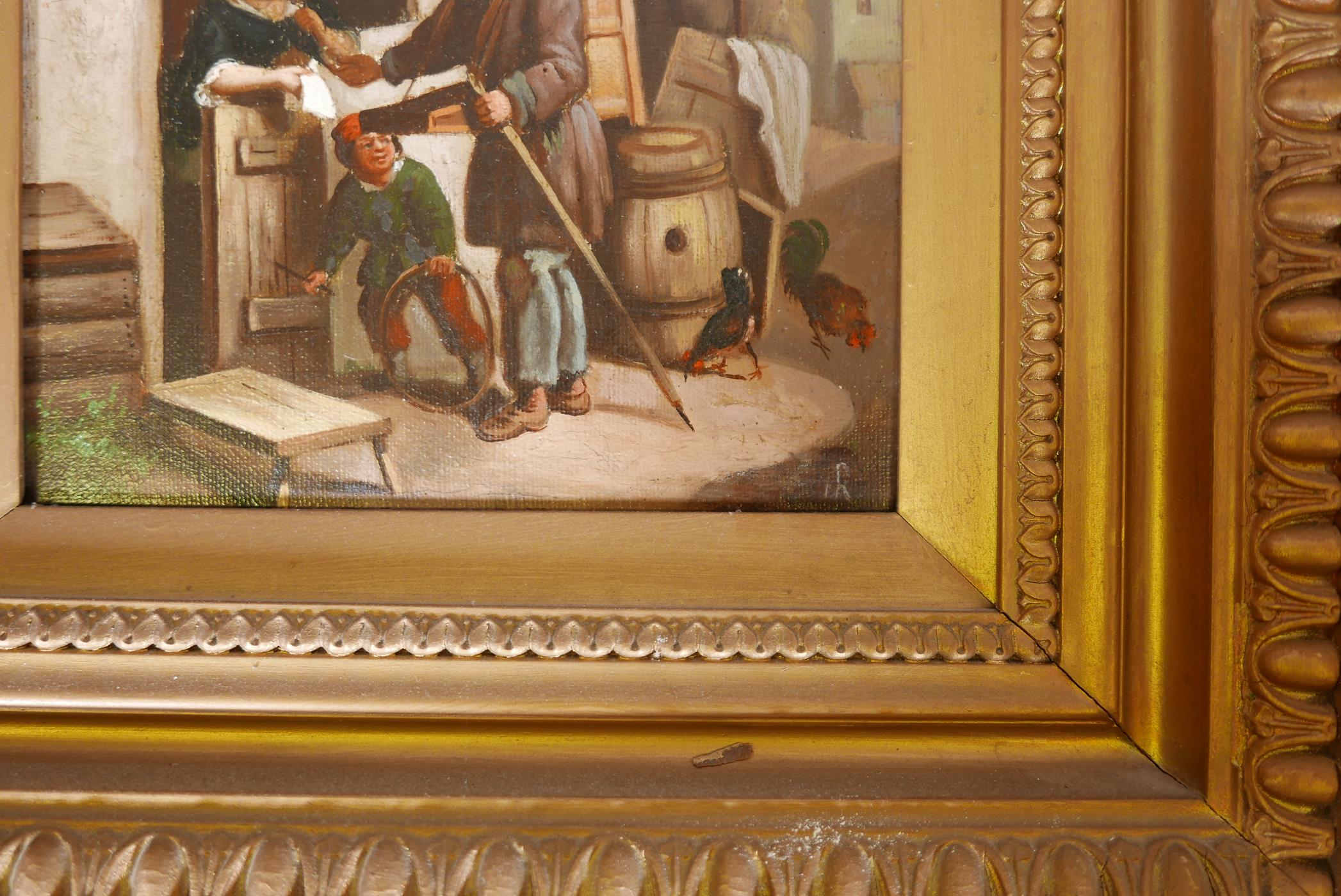 A pair of genre scenes, a knife grinder, and a hawker, oils on canvas, signed with a monogram, - Image 6 of 8