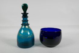 A Georgian Bristol green glass shrub decanter with ringed neck, and a Georgian Bristol blue glass