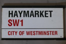 Architectural Salvage, A Haymarket SW1, City of Westminster enamel street sign, double sided, 1970'