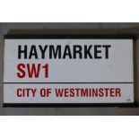 Architectural Salvage, A Haymarket SW1, City of Westminster enamel street sign, double sided, 1970'