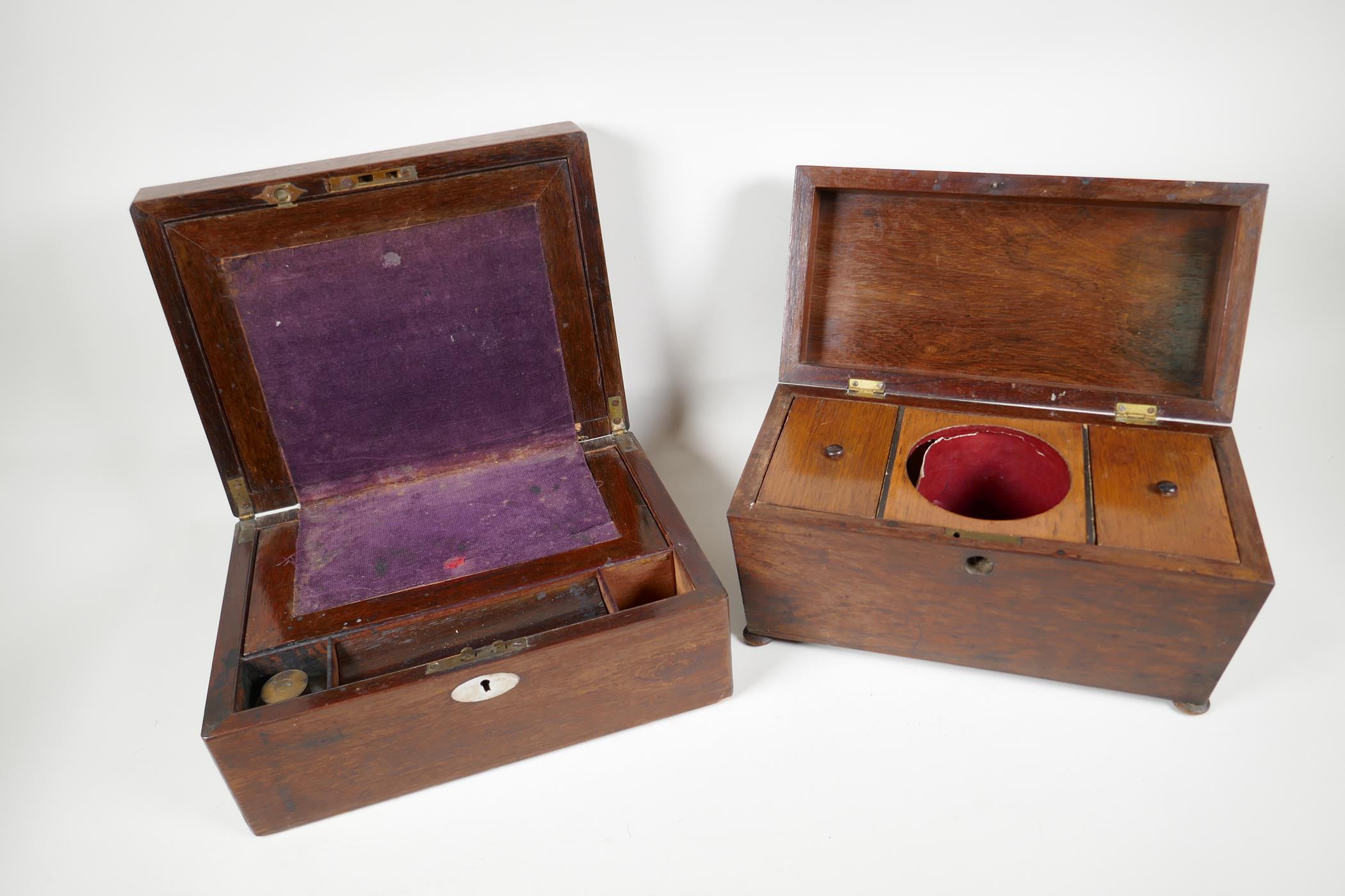 A C19th rosewood sarcophagus tea caddy, 12" x 6" x 7", and a rosewood writing box with mother of - Image 2 of 2