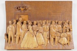 A mid C19th carved wood panel depicting a group of dignitaries, possibly American, stamped